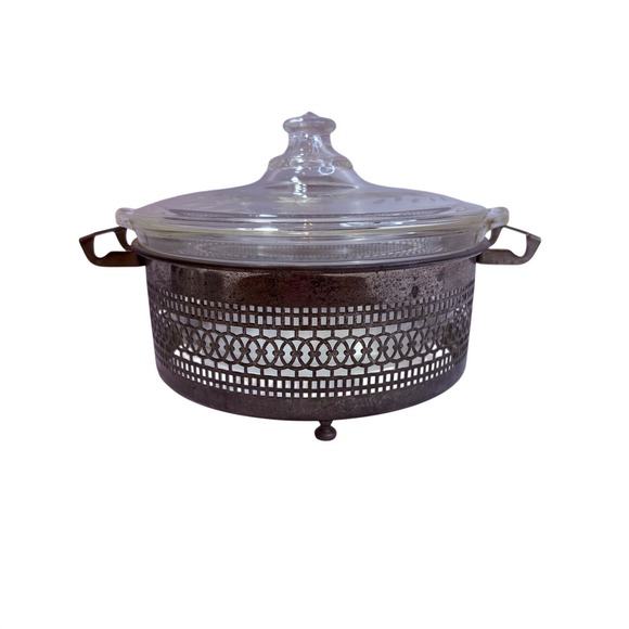 Pyrex Other - Pyrex Clear Glass Etched Floral Casserole Dish with Silver Filigree Cradle Antq